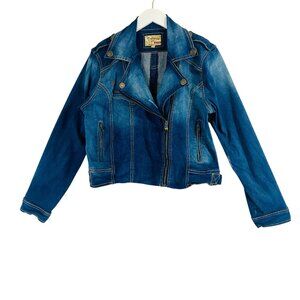 Dollhouse distressed  Jean Denim  biker jacket stretch size L side zip front